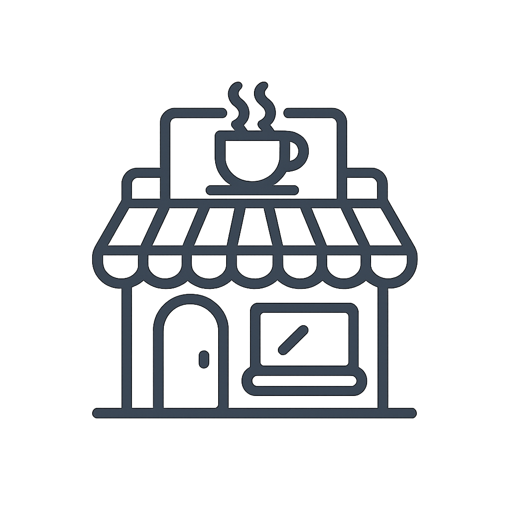 Here is the alt text: Café iconoatisé relevant et toit surjacent.